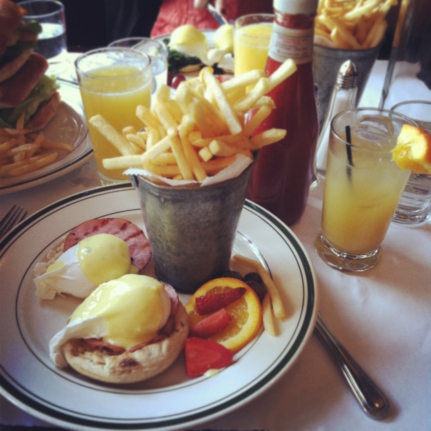Brunch at Elysian Cafe - eggs benedict, pommes frites and a screwdriver